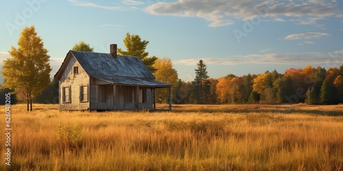 AI Generated. AI Generative. Nature outdoor lonely minimal wooden house on yellow autumn farming field. Adventure vacation countryside background relaxing vibe. Graphic Art