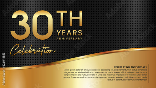 30th anniversary template design in gold color isolated on a black and gold texture background, vector template