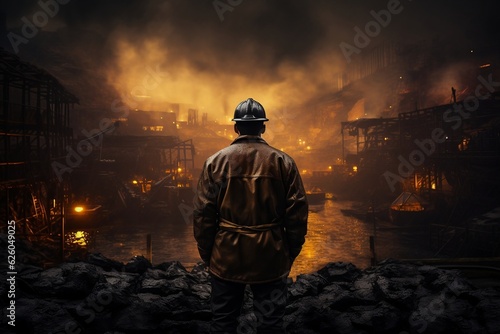 Coal Mining Background with Workers Seen from Behind. AI