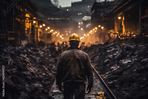 Fototapete Coal Mining Background with Workers Seen from Behind. AI