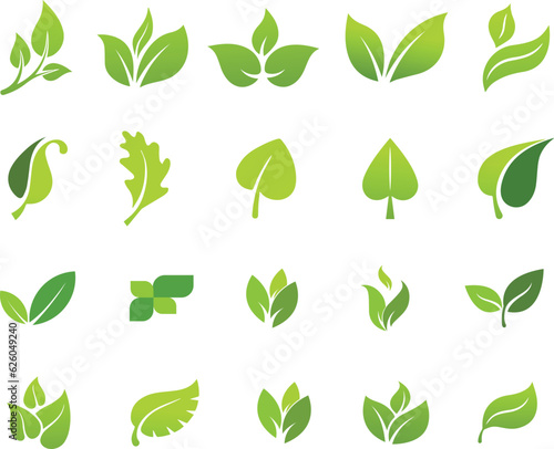 set of green leaf vector icon elements, leaf, nature, tree, plant, icon, green, vector, set, spring, eco, design, illustration, ecology, environment, leaves, symbol, natural, floral, summer, branch