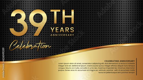 39th anniversary template design in gold color isolated on a black and gold texture background, vector template