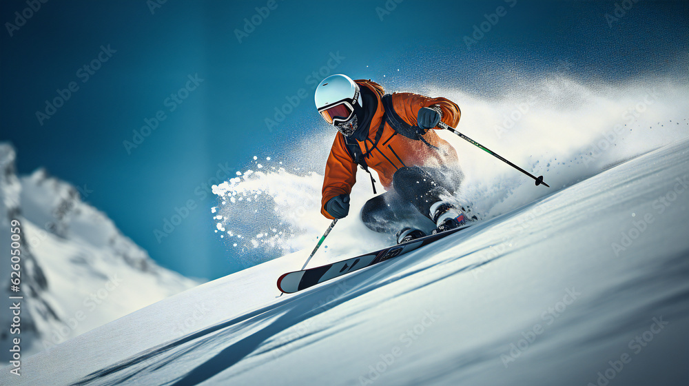 skier on the slope, snow, blue sky