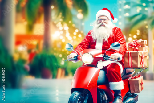 Winter holiday card with Santa Claus riding with gift box vintage scooter on blurred Miami background with palm trees. Rider Santa in Christmas day. Santa riding scooter to give gift. Copy space