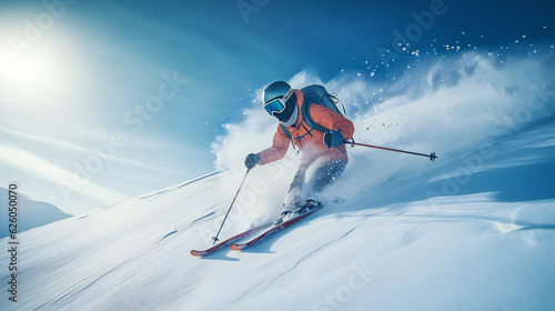 skier on the slope, snow, blue sky