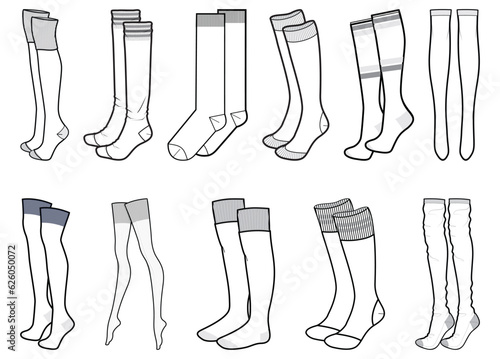 Set of Full length Socks and stockings flat sketch fashion illustration drawing template mock up, Knee length socks cad drawing for unisex men's and women's, Tights socks hosiery drawing