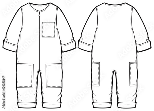 Baby boy Long sleeve boiler suit rompers design flat sketch fashion illustration drawing template mock up with front and back view. Toddler baby boy and girl Onesies bodysuit T shirt cad drawing