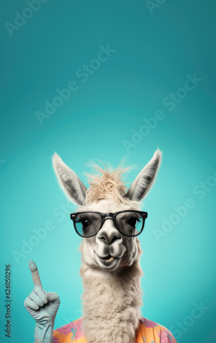 Funny alpaca llama with glasses, smiling, pointing finger above, to empty copy space vertical banner. Generative AI