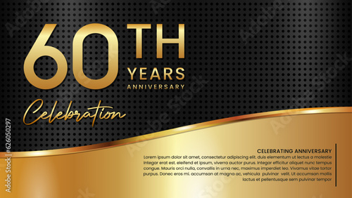 60th anniversary template design in gold color isolated on a black and gold texture background, vector template