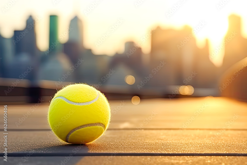 Tennis card with close up yellow tennis ball on blurred sunset New York cityscape background. Us Open Grand Slam competition. Concept of Healthy sport. Copy space