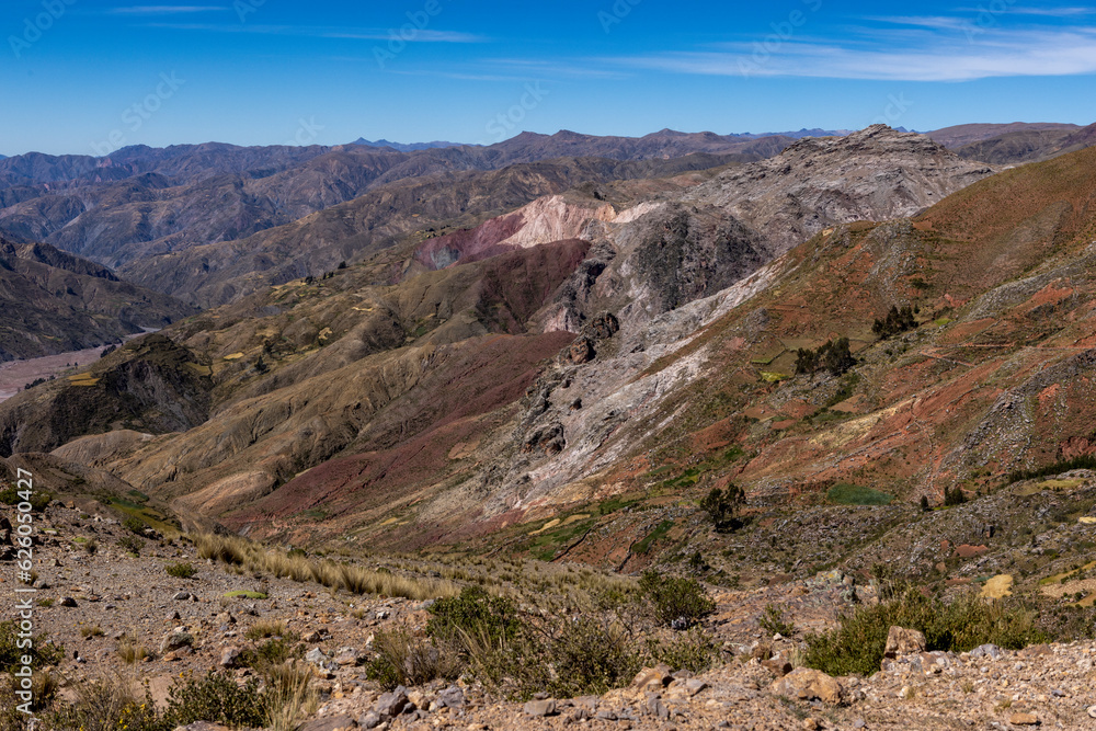 Colorful mountain landscape in the remote Bolivian Andes between Torotoro and Oruro - Traveling and exploring South America