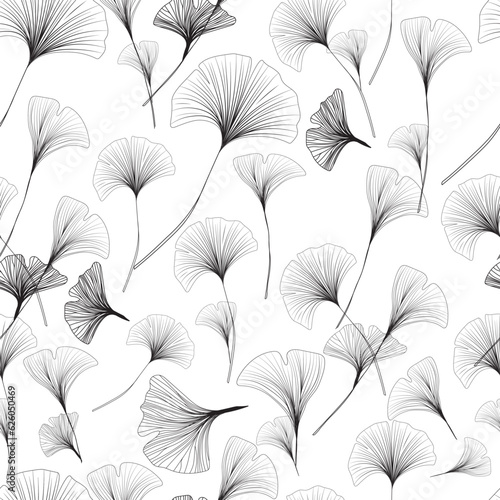 seamless pattern with ginkgo biloba leaves, pattern decorated with line drawing of ginkgo biloba isolated on white background