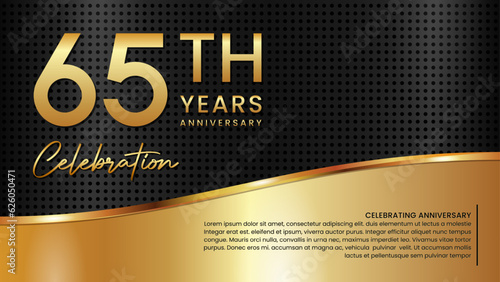 65th anniversary template design in gold color isolated on a black and gold texture background, vector template