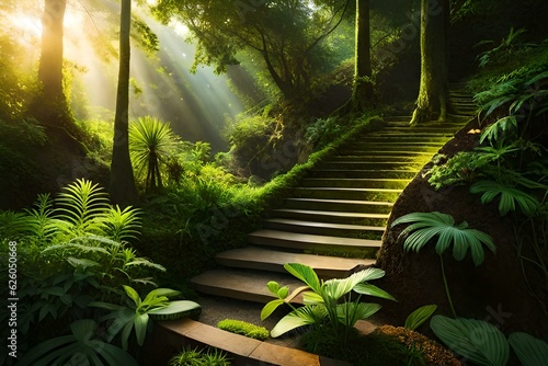 A natural staircase made up of rocks in a jungle - AI Generative