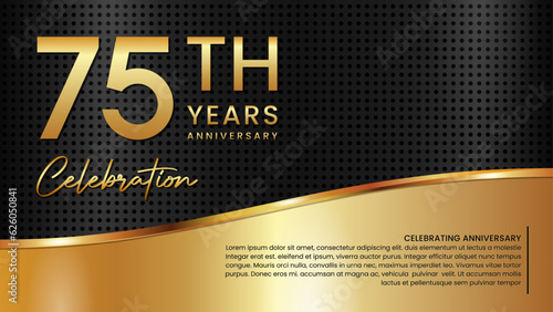 75th anniversary template design in gold color isolated on a black and gold texture background, vector template