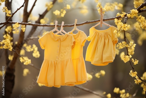 Vibrant Outdoor Display of Yellow Baby Clothes on Hanging Rope. AI