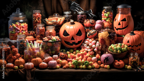 A grinning jack-o-lantern holds a basket of colorful Halloween candy.