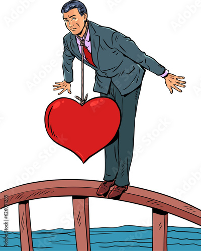 The shackles of romantic relationships. Reaching down due to marital problems. A man in a suit stands on a bridge and is pulled down by a heart on a noose. Pop Art Retro