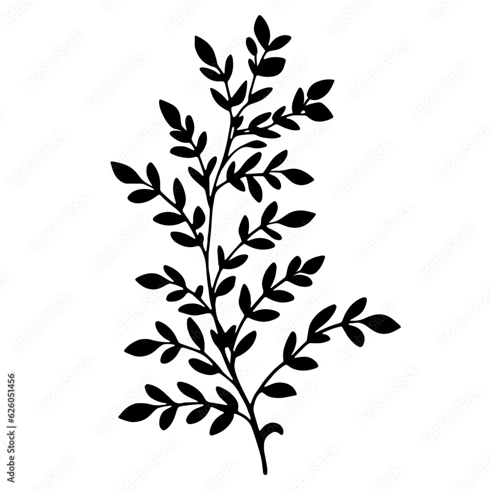 Branch with leaves and stem silhouette. Vector illustration