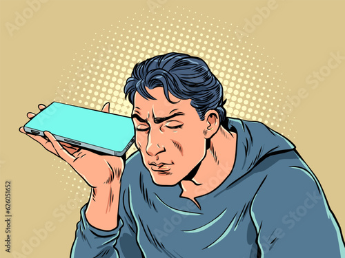 Using voice messages in chats is inconvenient. A man listens to the sound from the speakers of his phone. Pop Art Retro