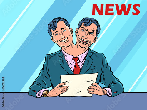 Duplicity of the media towards themselves and their viewers. The mask that the hosts of the show have to wear. A man in a suit with two heads, one happy and the other angry. Pop Art Retro
