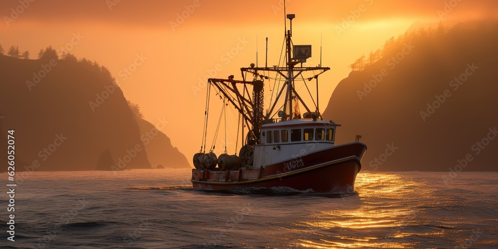 Fototapeta premium AI Generated. AI Generative. Nautical marine navy seascape sea ocean landscape fishing crab boat ship. Adventure travel explore sail catching shipping. Graphic Art