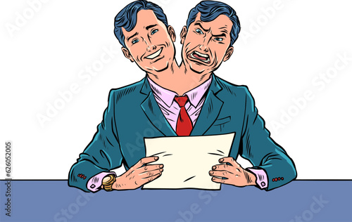 Duplicity of the media towards themselves and their viewers. The mask that the hosts of the show have to wear. A man in a suit with two heads, one happy and the other angry. Pop Art Retro