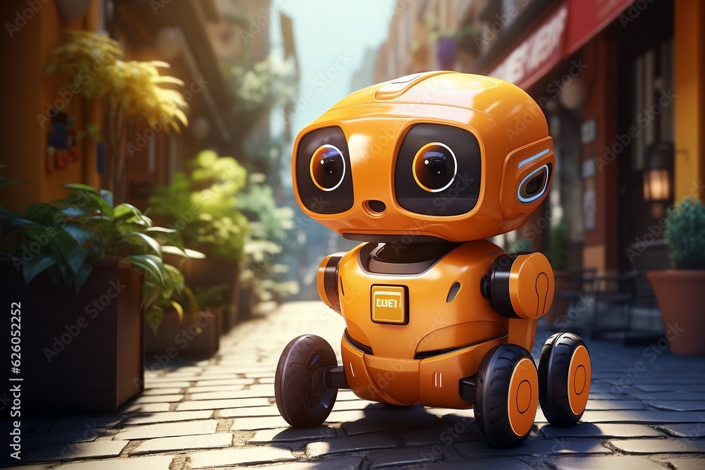 Adorable Orange Delivery Robot Cruises the Streets. AI