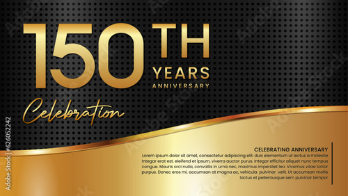 150th anniversary template design in gold color isolated on a black and gold texture background, vector template