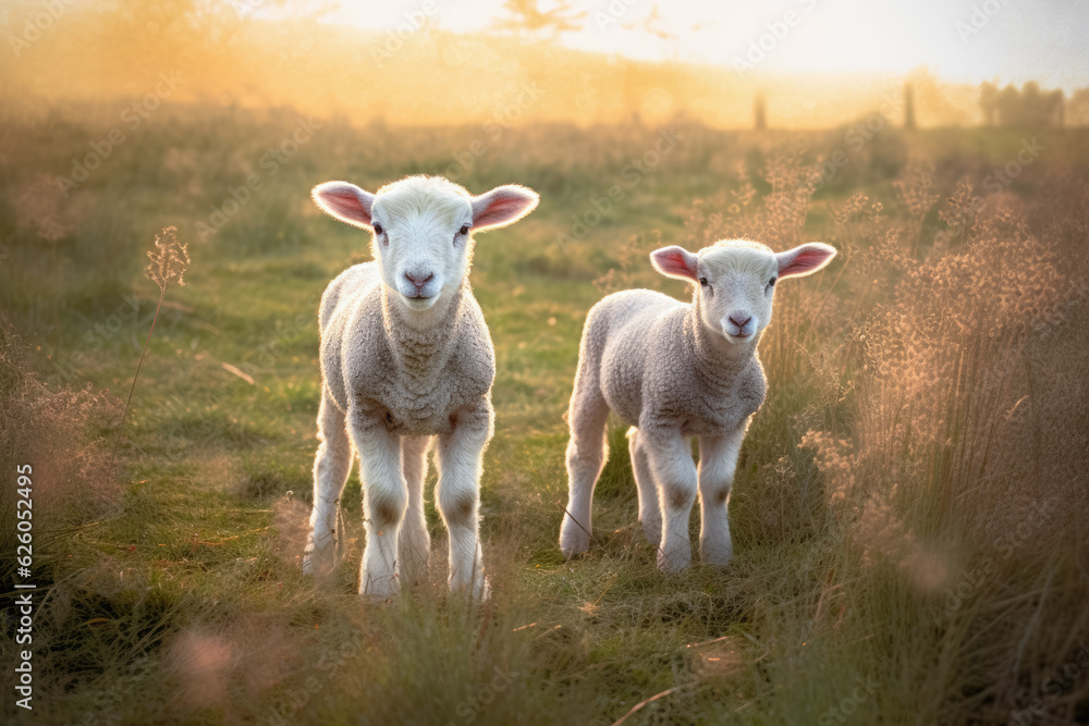 Fototapeta premium Two young lamb sheep on spring meadow looking curious into camera, nice warm afternoon sunlight haze. Generative AI