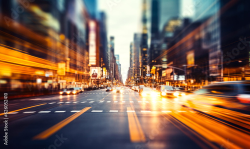 An artistic depiction of a city with a defocused modern cityscape, featuring an empty road lined with illuminated buildings creating a beautifully blurred background. © Vladyslav