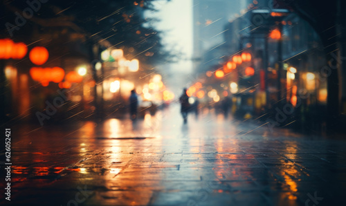 An artistic depiction of a city with a defocused modern cityscape, featuring an empty road lined with illuminated buildings creating a beautifully blurred background.