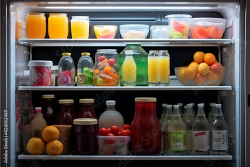 Variety of Products on Refrigerator Shelves. AI