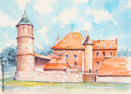 The Tykocin Royal Castle located on the right bank of the river Narew in Tykocin, Poland.Picture created with watercolors.