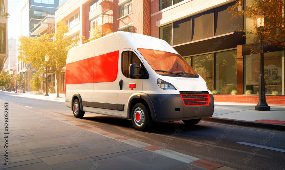 Fototapeta premium A van maneuvers through the bustling city streets as a commercial delivery truck showcases its services, serving as a remarkable mock-up for a reputable cargo company