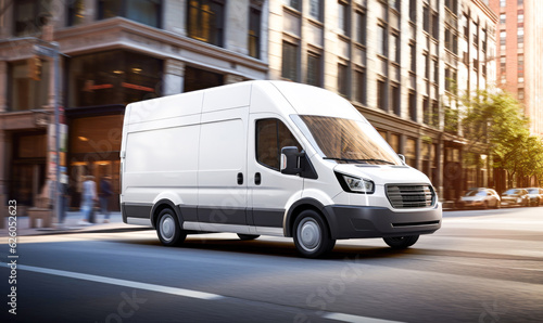 Van on the city road. Commercial delivery truck in action. Mock-up for cargo company © Vladyslav