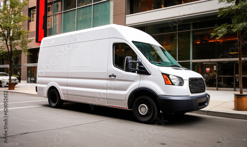 Van on the city road. Commercial delivery truck in action. Mock-up for cargo company