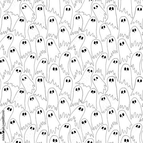 Hand drawn doodle line art seamless pattern with funny spooky halloween different white ghosts on background.October party clipart simple decoration element fall autumn season