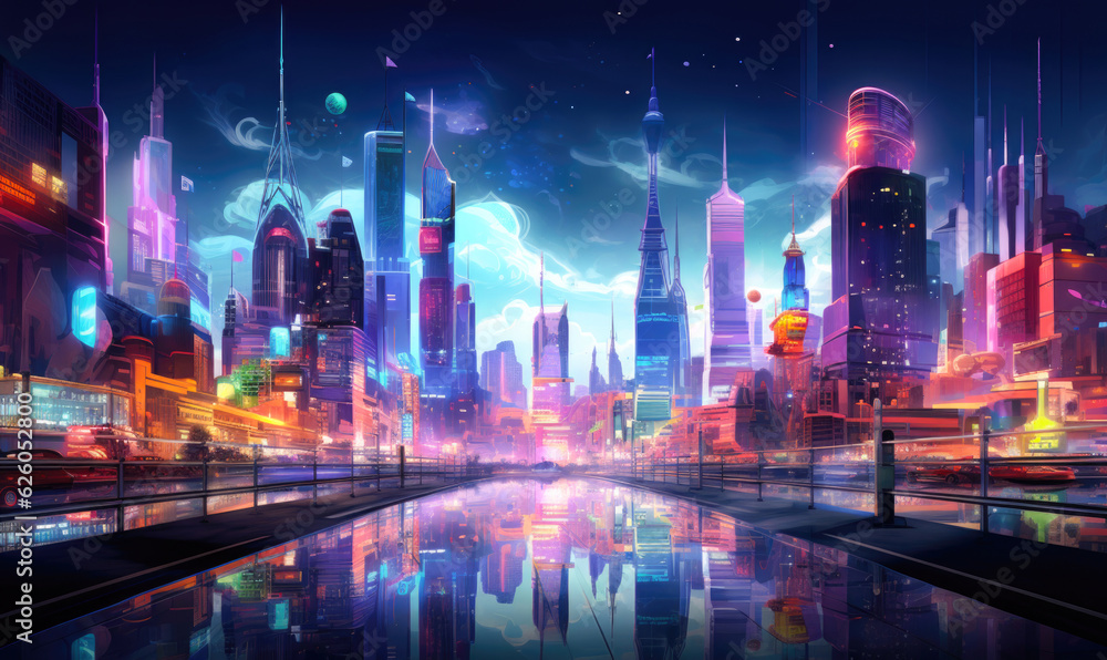 metaverse illustration, a futuristic cyber cityscape adorned with neon lights, featuring an empty road winding through the vibrant urban landscape