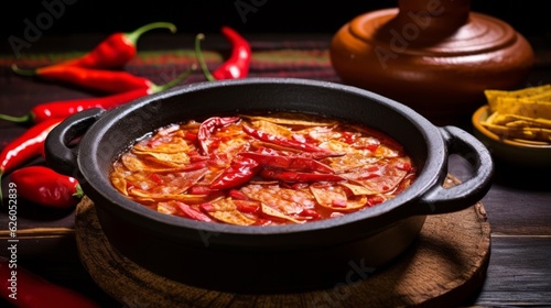 Sopa de Tortilla with vibrant red chili slices sprinkled on its surface, captured next to a rustic spoon partway into the soup bowl