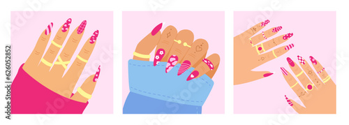 Set beautiful woman's hands with trendy pink manicure