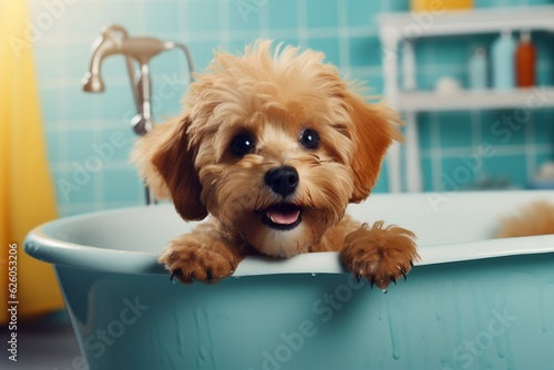 Amusing Puppy Awaits Groom in Bathtub. AI