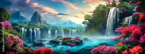 Panel kuchenny z motywem a magical waterfall in a wonderfully fantastic flowering landscape, banner made with Generative AI