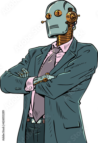 Artificial intelligence is starting to take over the jobs of office workers. Collaboration between technology and man. A vintage robot in a business suit is standing.Pop Art Retro