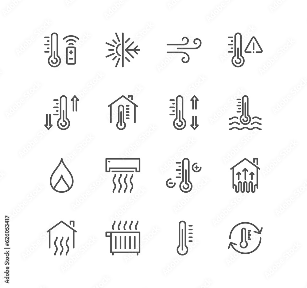 Fototapeta premium Set of house heating related icons, heat supply, heating boiler, water heater, gas and electric heating and linear variety symbols. 