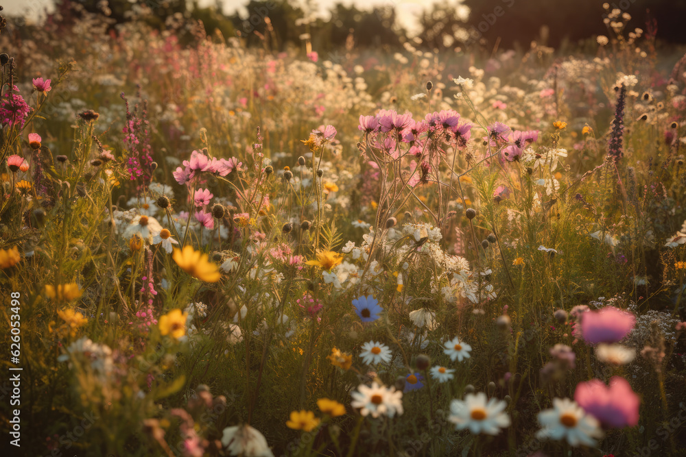 A meadow filled with pastel pink, lilac, white and yellow wild flowers and a soft summers evening.