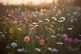 A meadow filled with pastel pink, lilac, white and yellow wild flowers and a soft summers evening.