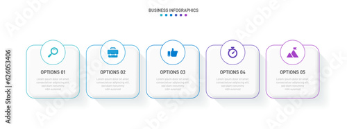 Timeline infographic with infochart. Modern presentation template with 5 spets for business process. Website template on white background for concept modern design. Horizontal layout.