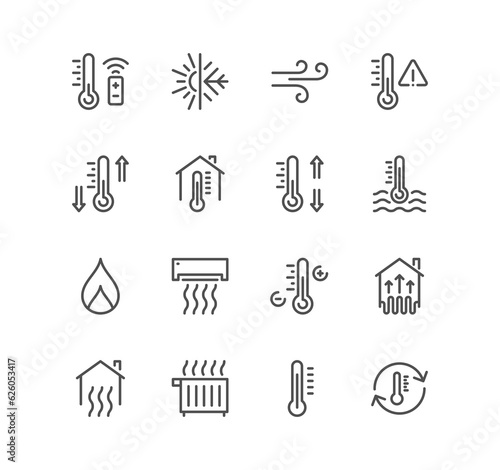 Set of house heating related icons, heat supply, heating boiler, water heater, gas and electric heating and linear variety symbols.	
