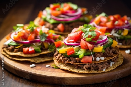 Tostadas piled high with refried beans and colorful vegetables on a rustic wooden table